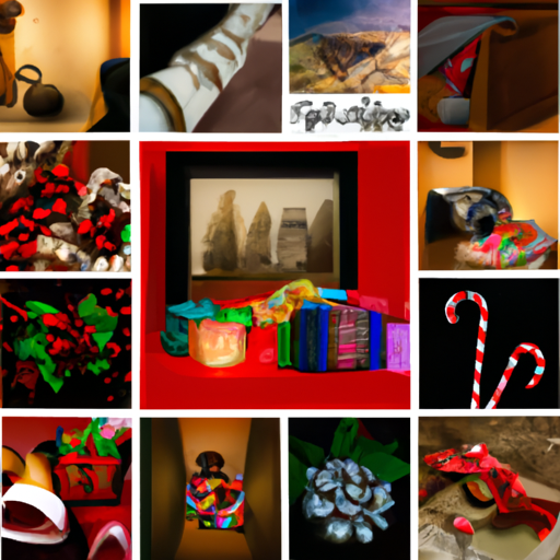 קולאז' תמונות המציג מתנות וקישוטים שונים בנושאי חג.