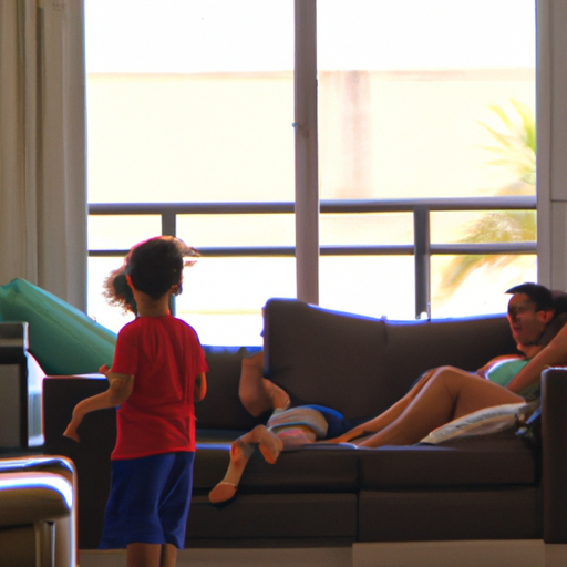 משפחה נהנית מהסלון הקריר והנוח ביום קיץ חם בחדרה