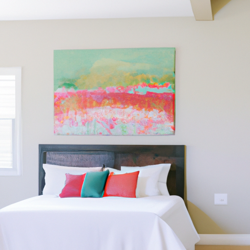 חדר שינה מינימליסטי עם ציור מופשט גדול מעל המיטה שמוסיף פופ של צבע.
