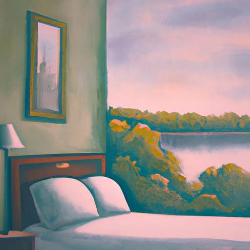חדר שינה שליו הכולל ציור נוף מרגיע המשרה תחושת שלווה.